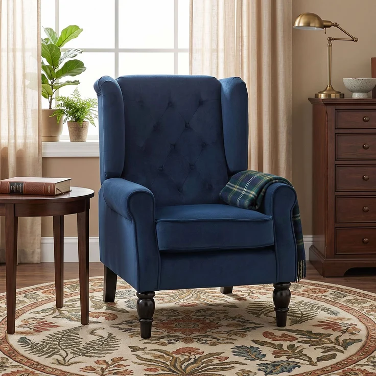 Wohnora-Gepolsterter Loungesessel mit breiter Sitzfläche, Holzbeinen, klassischem Stil, sehr bequem, 74 x 86 x 102 cm, dunkelblau,H 102cm x T 74cm x B 86cm,Blau – Bild 3