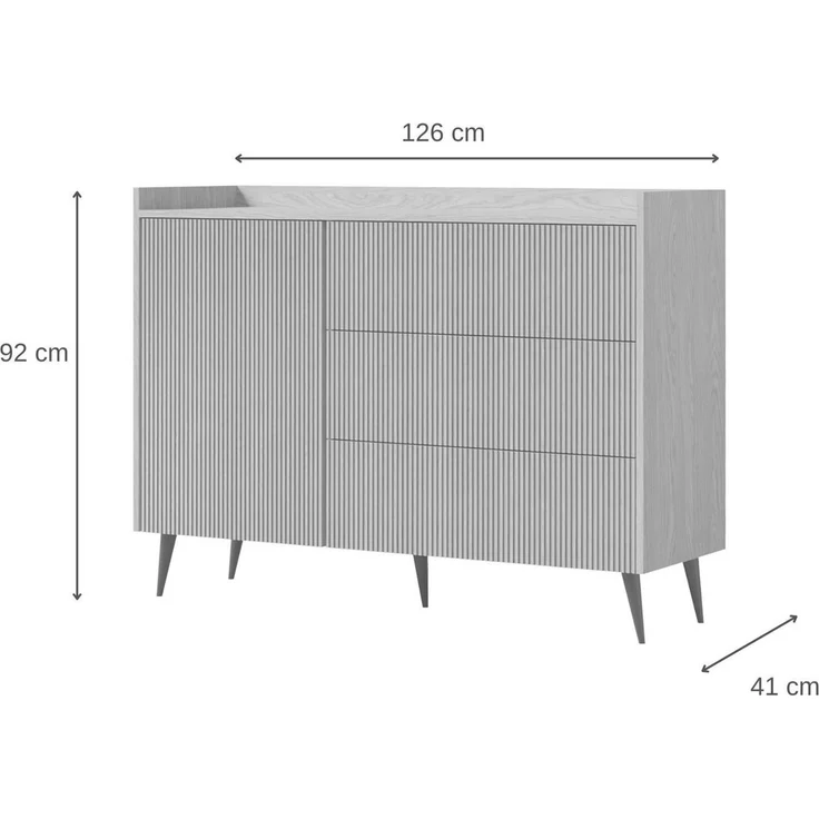 Beautysofa Kommode AMFALI mit 3 Schubladen und Tür (Push-to-open, geriffelte Fronten, schwarze Metallbeine), Frühlings-Eiche, Nussbaum oder Cashmere – Bild 2