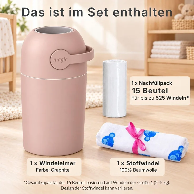 Set Magic Windeleimer, Abfalleimer mit Geruchsstopp, ohne Kassette + Windel – Bild 6