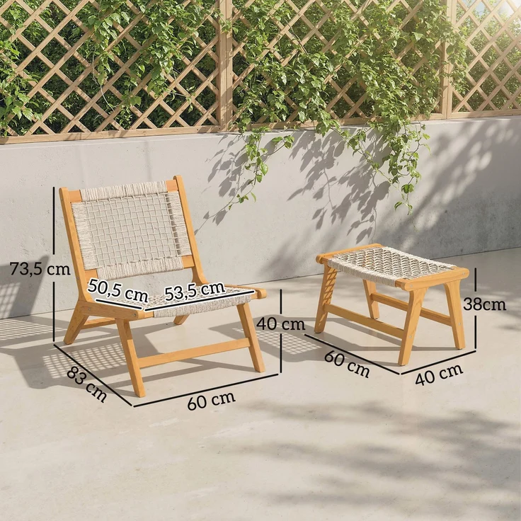 MELAYR, Gartensessel mit Hocker 2-teilig FSC Akazienholz Outdoor Loungesessel mit Rattan-Sitz, 83 x 60 x 73.5 cm, Beige – Bild 5