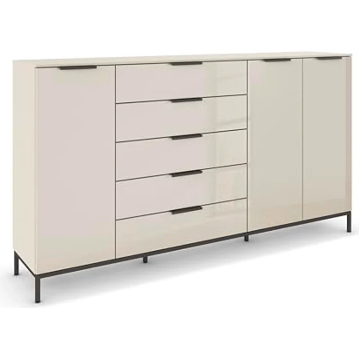 Rauch Möbel Flipp, Nachttisch für Schlafzimmer, Flur, Garderobe, 3-türig, 5 Schubladen, mit Softclose-Funktion, Griffe und Metallkufe Graphit, Farbe Glas Beige, Breite 199 cm – Bild 2