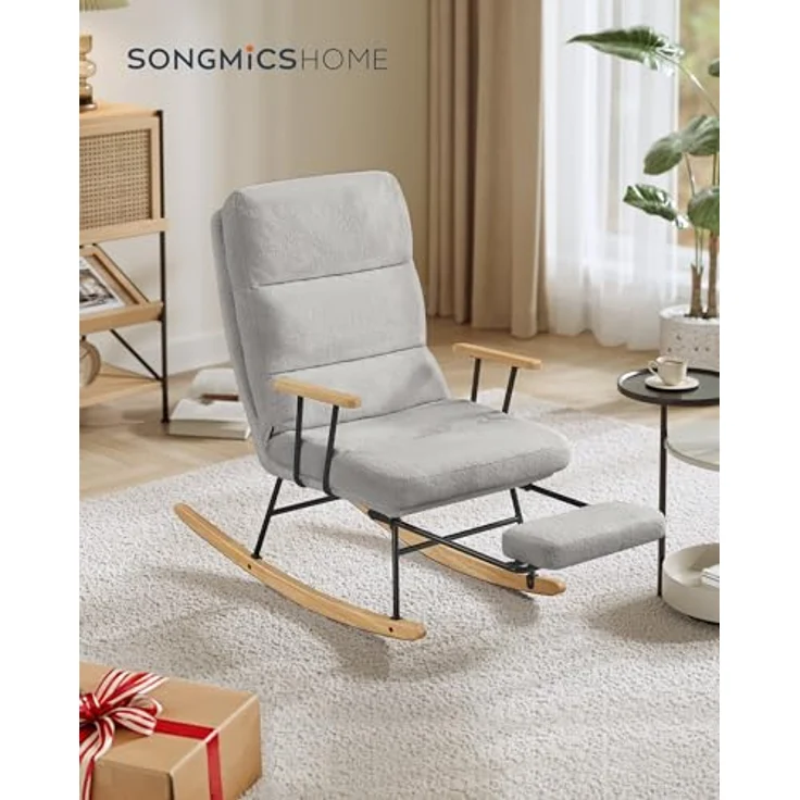 SONGMICS HOME Schaukelstuhl, Füße aus Kautschukholz, Schaukelsessel, Fleece Oberfläche, 4-Fach verstellbare Rückenlehne, bis 160 kg belastbar, für Schlafzimmer, Wohnzimmer, Taubengrau LYY016GD01 – Bild 3