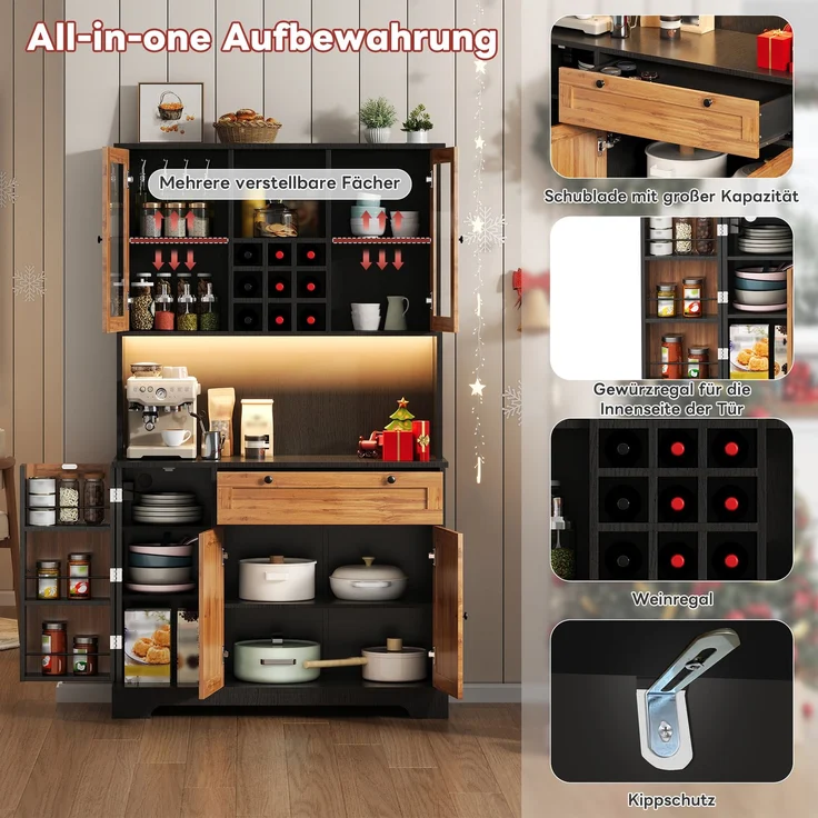Küchenschrank, Hochschrank, Aufbewahrungsschrank, Vitrinenschrank mit Tür, integriertem Gewürzregal, verstellbaren Einlegeböden,mit farbwechselnder LED-Beleuchtung und Steckdose, 180 × 105 × 40 cm--Schwarz + Natur--105x40x180cm--YOUDENOVA – Bild 6