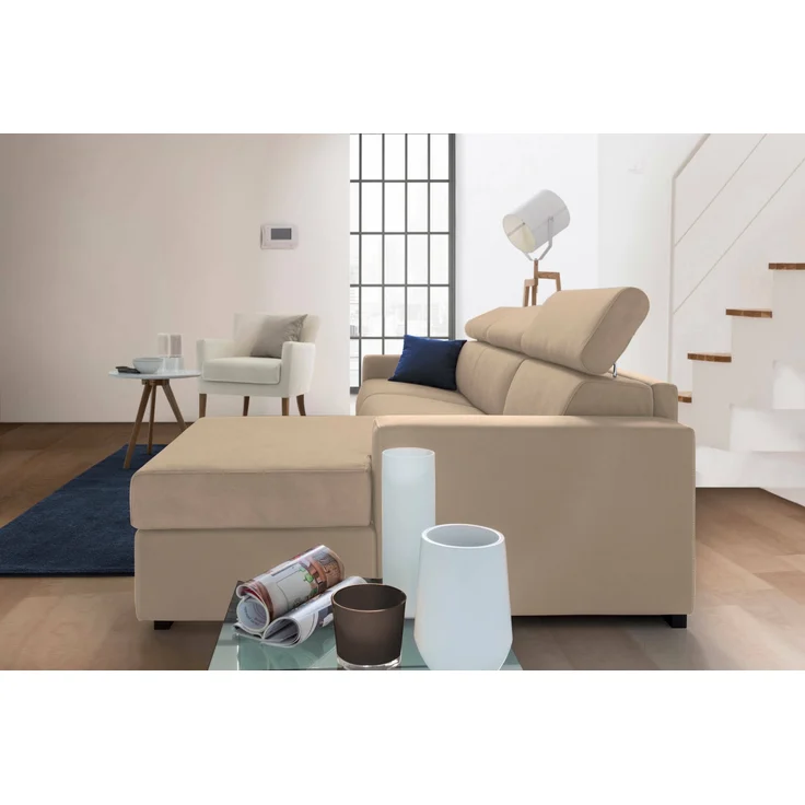 Dmora Sofa mit Halbinsel Ameno, Ecksofa mit rechter Chaiselongue aus Stoff, Standardarmlehnen, 100 % Made in Italy, 280 x 95 x 85 cm, Beige – Bild 5