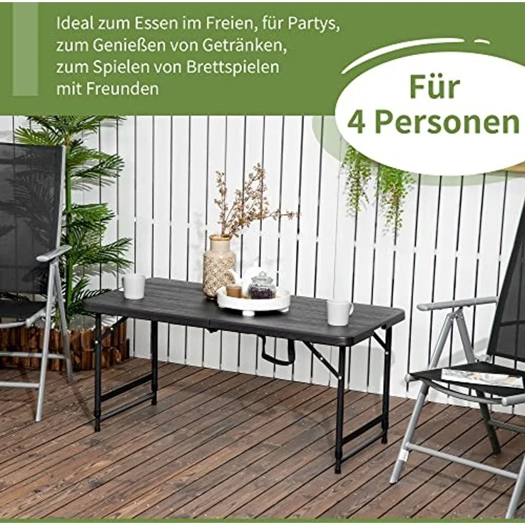 Outsunny Gartentisch Campingtisch, Buffettisch mit Stahlgestell, Terrassentisch für 4 Personen, 1-St, Höhenverstellbarer, HDPE, Dunkelgrau, 118 x 60 x 74 cm – Bild 4