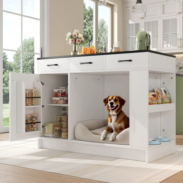 Küchenwagen 120 x 60 x 90 cm mit 3 Schubladen, Gewürzablage und Haustierbereich – weiß – Bild 7