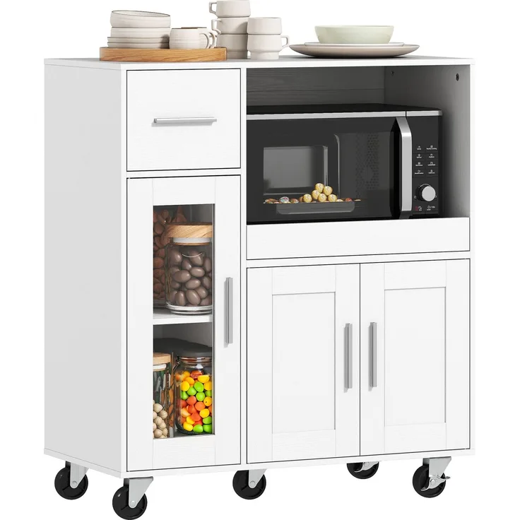 MELAYR, Küchenschrank auf Rädern, Mobile Küchenkommode mit Ablagen, Schubladen, 80 x 40 x 88.7 cm, Weiß