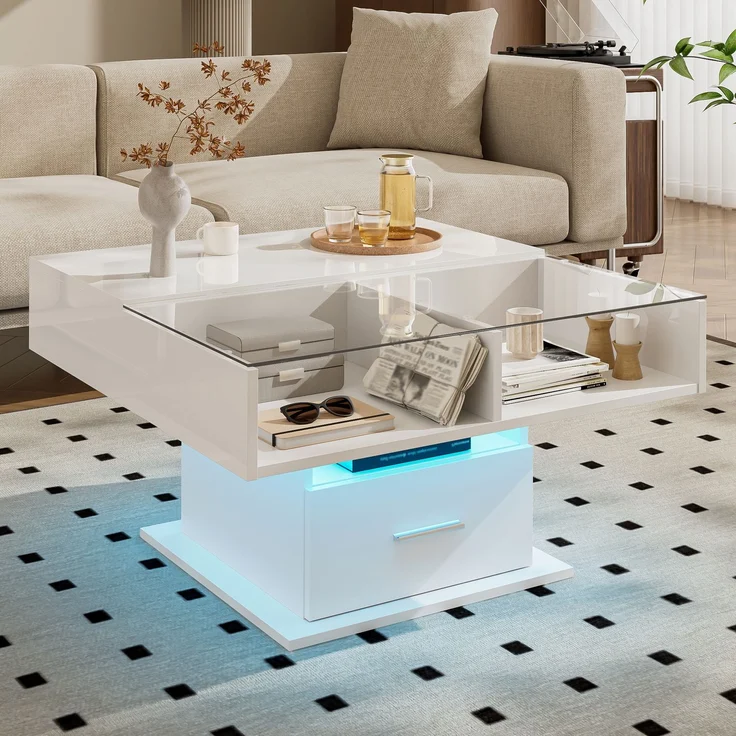 Lift-Couchtisch Weiß Hochglanz 78x78 cm höhenverstellbarer Tisch mit LED-Beleuchtung, Schublade und Ablagefach – Bild 7