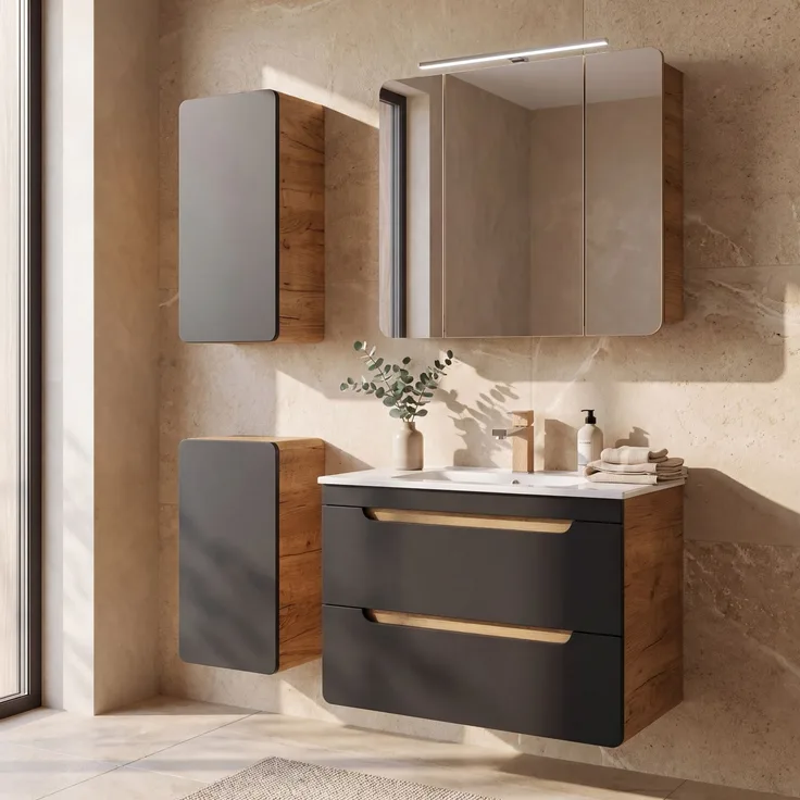 Badezimmer Set in seidenmatt anthrazit mit Wotan Eiche Nb. NEW-LUTON mit 81 cm Keramik-Waschtisch & LED-Spiegelschrank, B/H/T ca. 130/200/46 cm