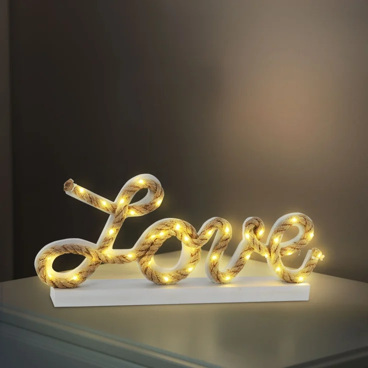 LED-Deko-Tischleuchte, Hanfseil, Love, weiß, L 45 cm – Bild 2