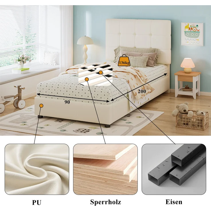 Polsterbett Einzelbett Kinderbett, weiche Kopfteil-Rückenlehne Antikollisions-Schwammkante keksförmiges Kopfteil, PU Eisen Schwamm Sperrholz, Beige, 90 x 200 cm – Bild 3
