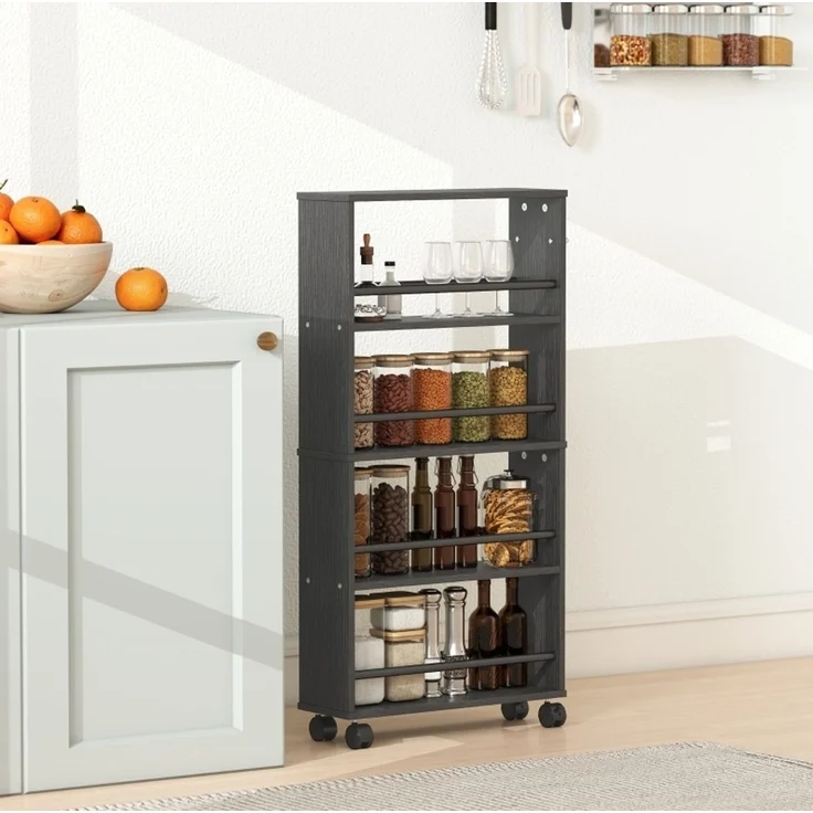Rollwagen aus Holz mit 4 Fächern und feststellbaren Rollen, 45x15x91 cm, Schwarz – Bild 3