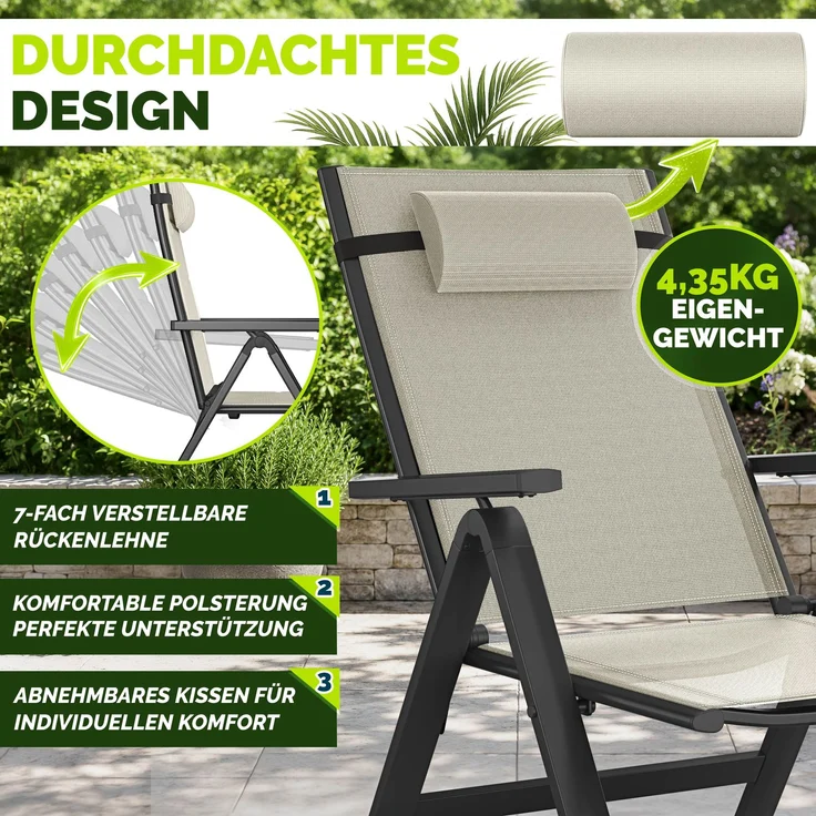 tillvex Gartenstuhl Premium 4 Stück Beige klappbar aus Aluminium | Hochlehner mit Armlehnen | Klappstuhl verstellbar | Klappsessel Balkon Garten Terrasse – Bild 7