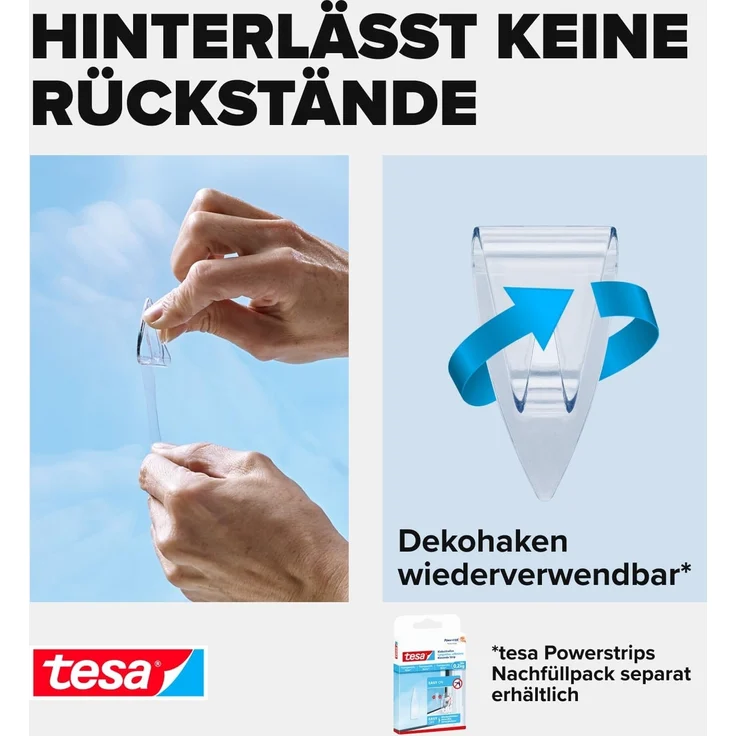 tesa Klebehaken POWERSTRIPS Doppelseitige Klebestreifen mit Bilderhaken, für Deko an Glas und Spiegel, (Spar-Set, 15-St, 3 x 5 tesa Powerstrips® Deko Haken), Transparente Klebepads - 3er Pack á 5 Dekohaken - je max. 200 g – Bild 6