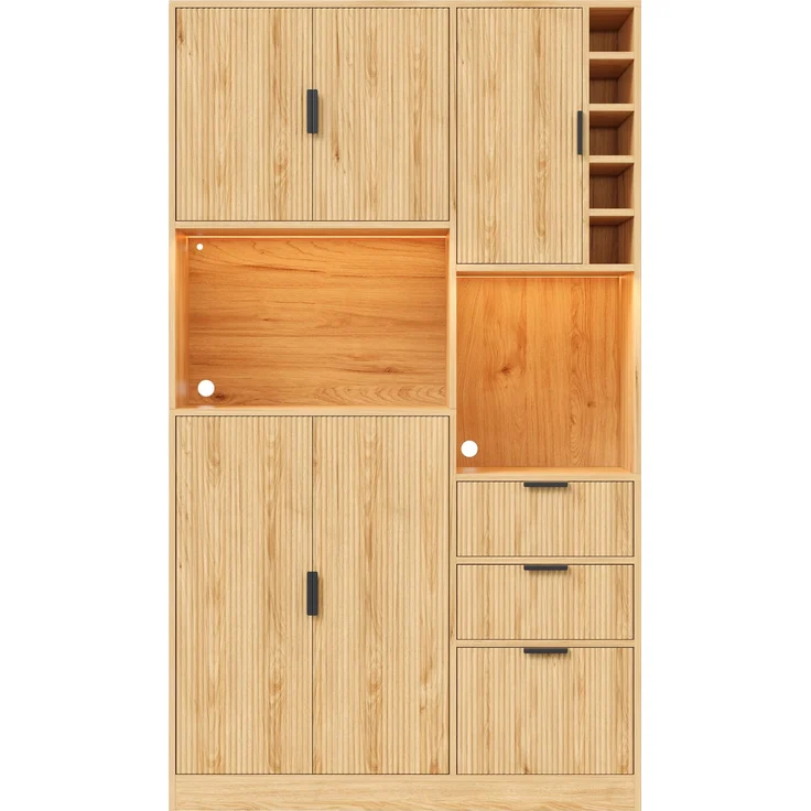 ZUBALIYA Weinschrank 105x40x180 cm, mit LED-Beleuchtung, mit Steckdosen, mit verstellbaren Einlegeböden, aus MDF, Natur – Bild 13