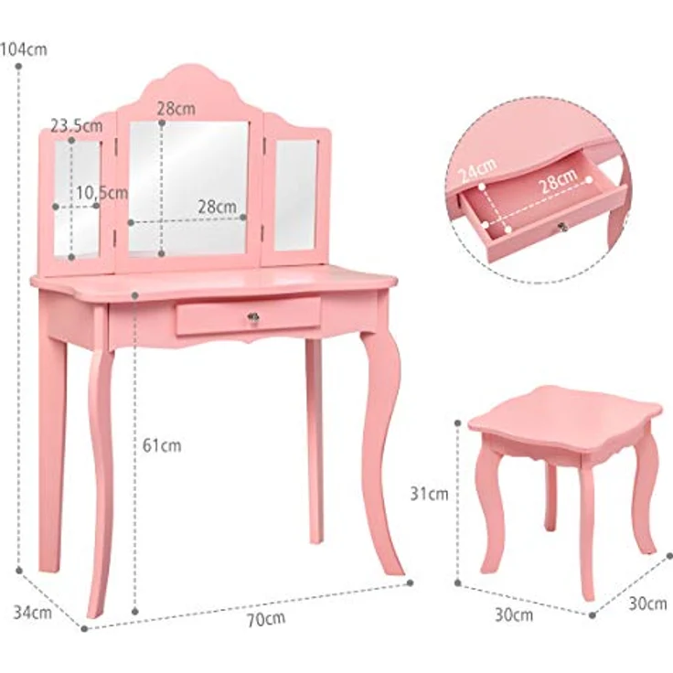 COSTWAY 2 in 1 Kinder Schminktisch mit Hocker, Frisiertisch mit 3-Fach abnehmbarem Spiegel & Schublade, Kosmetiktisch Mädchen Holz, 70 x 34 x 103 cm (Rosa) – Bild 8