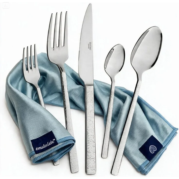 Mulex Besteck-Set Genua, Besteckset mit 3 Multifunktionstüchern (63-tlg), 12 Personen, Edelstahl 18/0, Kratzfestes Besteck mit edlem Design und angenehmer Haptik – Bild 3