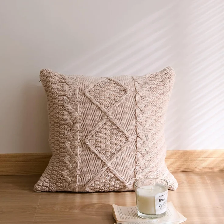 ABC Gestrickter Kissenbezug im Retro-Stil mit Rautenmuster, einfarbig, weich und warm (hellrosa-grau) – Bild 4