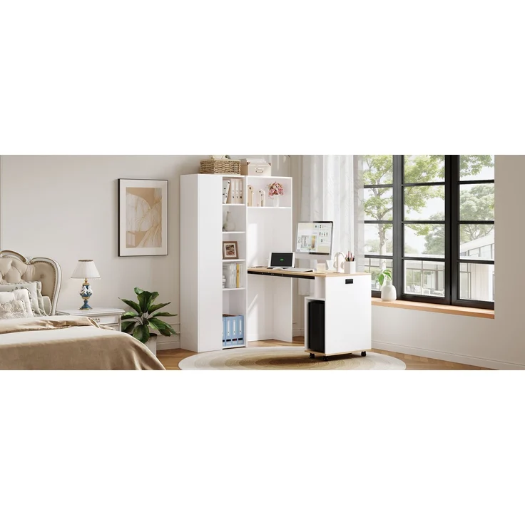 ZUBALIYA Klappbarer Schreibtisch mit Ablagen –2-in-1-Bücherregal und Schreibtisch, klappbar, mit Steckdose und USB-Anschluss, höhenverstellbare Ablagen, Kippschutz, weiß-Schreibtisch,Eck-Schreibtisch –links – Bild 24