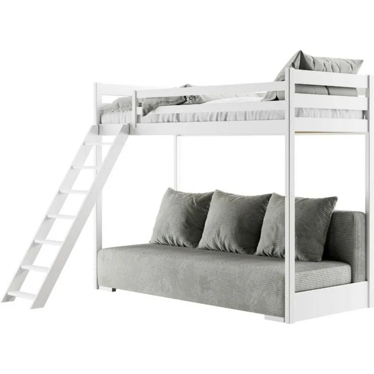 Deine Möbel 24 Etagenbett Jugendbett Couch SIDNEY 90x200/140x200 mit Schlaffunktion (Set, 3-St, Couch in Cord Samt inkl 3 großee Kissen, Weiss Kiefer Natur Grau Beige), Funktionsbett aus Kiefernholz Vollholz inkl. Leiter Lattenrost