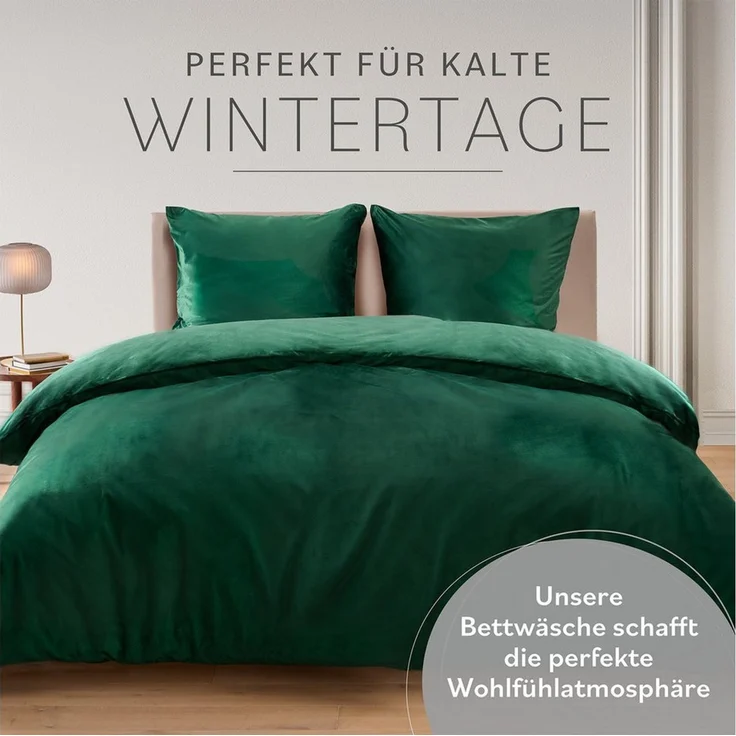 Blumtal Bettwäsche, Cashmere-Touch, Plüsch, warme Winterbettwäsche + Kopfkissenbezug, Dunkelgrün, Decke 200x200 cm & 2x Kissen 80x80 cm – Bild 2