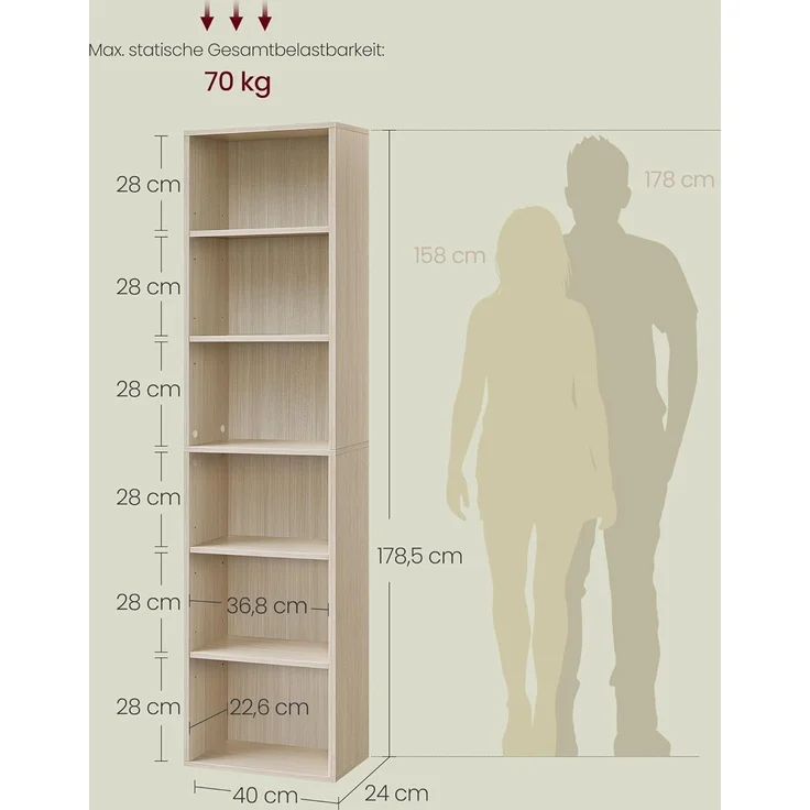 VASAGLE Bücherregal, 6-stöckiges Regal, offenes Aufbewahrungsregal, Standregal, 24 x 40 x 178,5 cm – Bild 2
