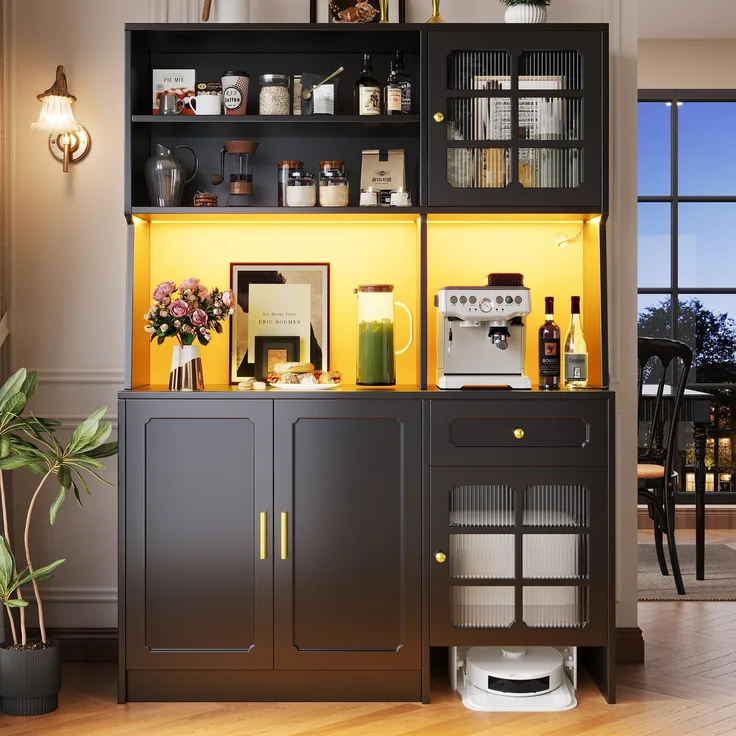 Küchenschrank, hoher Küchenschrank Sideboard Küchenschrank mit Glastüren und LED-Beleuchtung, MDF/Glas, Schwarz, 130 x 45 x 180 cm