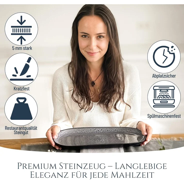 Steingut Servier Teller Groß Ibiza TESTSIEGER, Traumhafte Mediterrane Steingut Servierplatte, Serving Plate Oval, Servierteller Groß - Pure Living in Grau – Bild 3