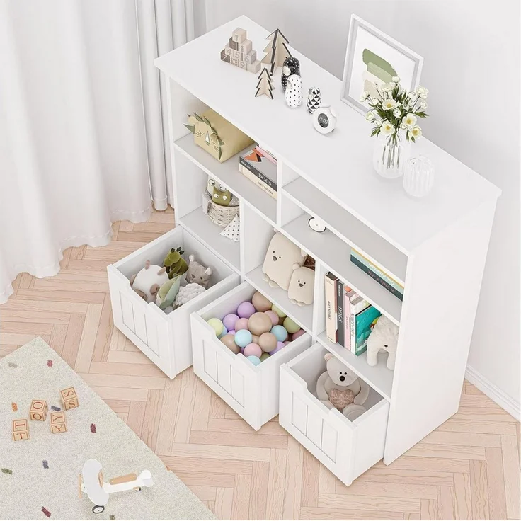 GarveeMore Kinderregal mit 6 Fächern und 3 rollbaren Schubladen,100x33x89cm, Bücherregal Kinder,Spielzeug Aufbewahrungsorganizer für Kinderzimmer – Bild 3