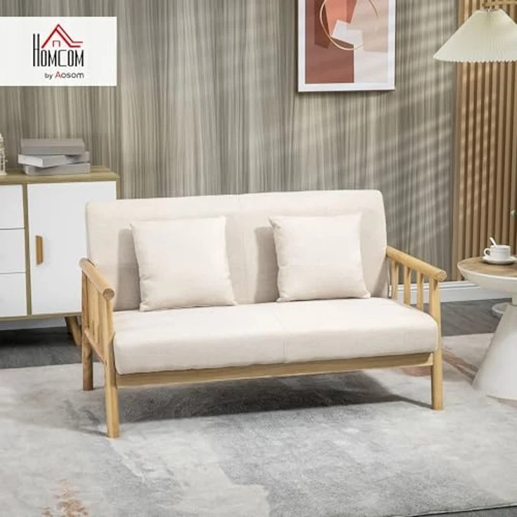 HOMCOM 2-Sitzer Couch mit 2 Lendenkissen, Gepolsterter Polstersofa, Sofa 1 Teile, für kleine Räume, Wohnzimmer, Schlafzimmer, Beige – Bild 2
