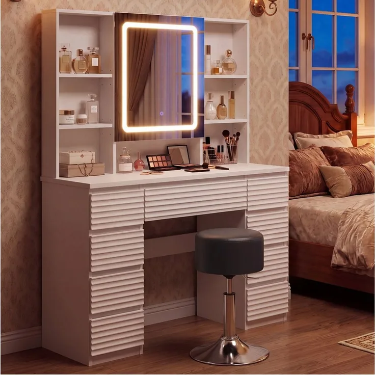 HOMALL Schminktisch LED-Schminkspiegel, schwarz-weißer Schminktisch und Hocker im Set (Kombination aus 9 Schubladen, 7 offenen Fächern und Stauraum hinter dem Spiegel, Maße: 108 x 40 x 146 cm, mit 2 Steckdosen, 1 USB-Anschluss und 1 Typ-C-Anschluss sow...