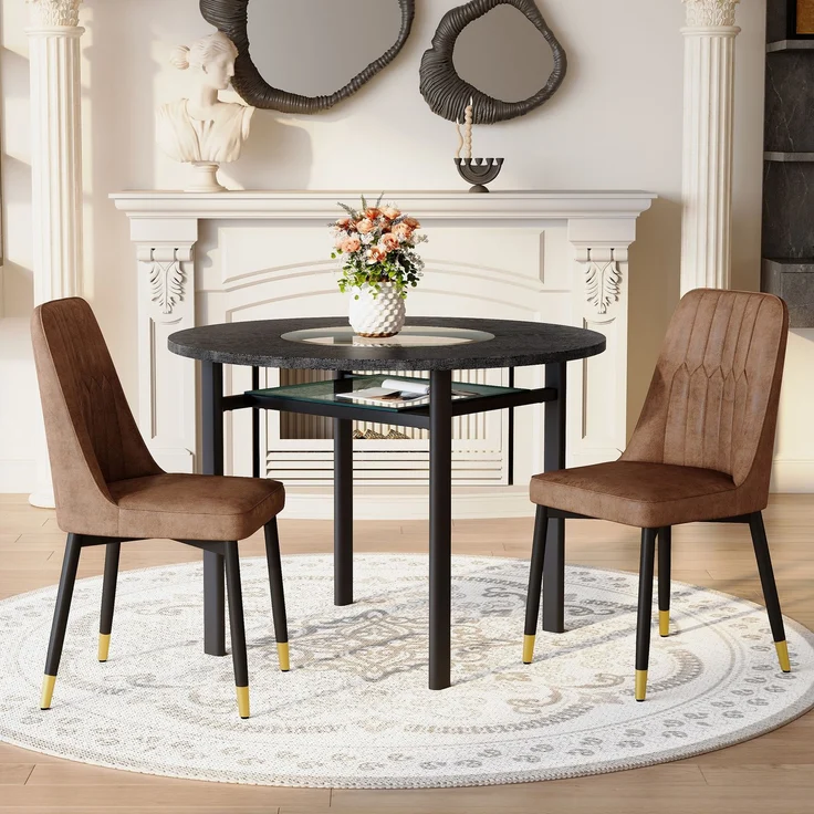Esstisch-Set 76x100x100 cm Braun/Schwarz mit Glasintarsie, MDF-Tisch und 2 Stühlen – Bild 3