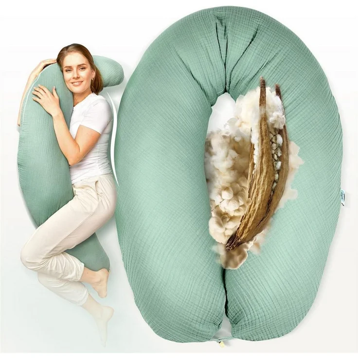 SEI Design Stillkissen Kapok-Füllung XXL 190x35 cm, Musselinbezug Bio-Baumwolle, ergonomisch, Schwangerschaftskissen mit Bezug, Seitenschläferkissen mit Kapok-Füllung, 100% Naturkissen, Musselin-Bezug aus Bio-Baumwolle – Bild 2