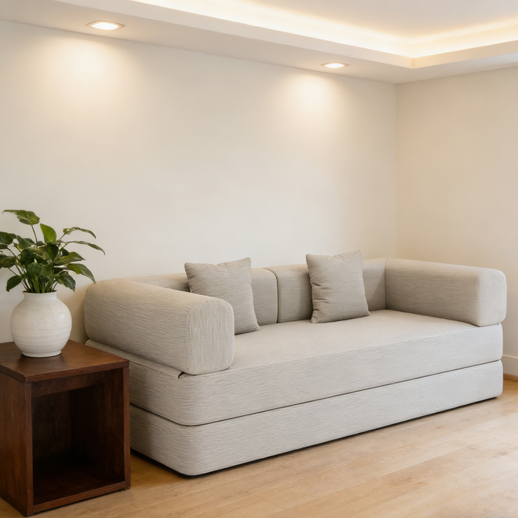ZUBALIYA Corduroy klappbar Matratze Couch mit Fixed-Shape Rahmen / umwandelbar Sleeper Sofa Bett mit Cylindrical Kissen, 200.00 x 100.00 x 70.00 cm, fürs Schlafzimmer, Off Weiß – Bild 3