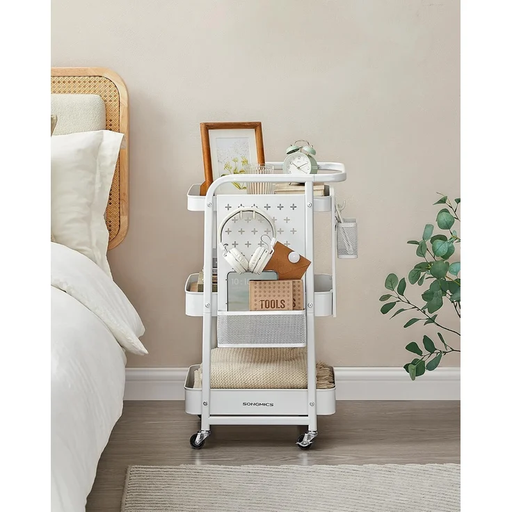 SONGMICS Rollwagen, Küchenwagen, 3 Metallgitterablagen, Servierwagen, 2 abnehmbare Lochplatten, 2 Hängekörbe, 4 Haken, für Büro, Küche, Wohnzimmer, Badezimmer – Bild 3