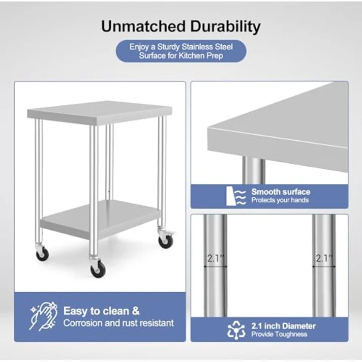 GarveeHome Arbeitstisch aus Edelstahl für Lebensmittelzubereitung, höhenverstellbar mit 3 Stufen, 4 Lenkrollen (2 gebremst), Maße 76x46 cm, ideal für gewerbliche Küchen, Restaurants & Catering – Bild 5
