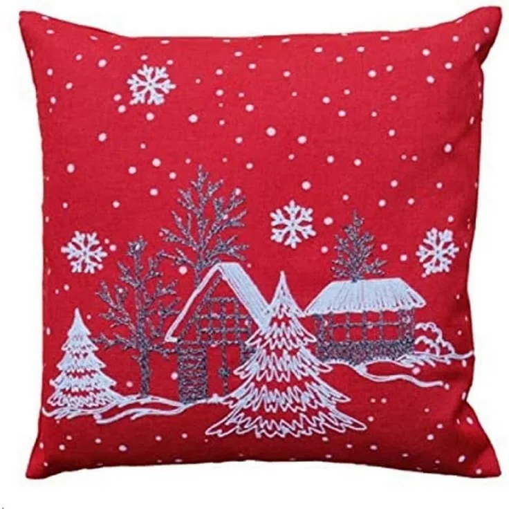 Kissenhülle Stickerei Winterdorf Weihnachten Winter rot grau 40x40 cm Kissenhülle - rot