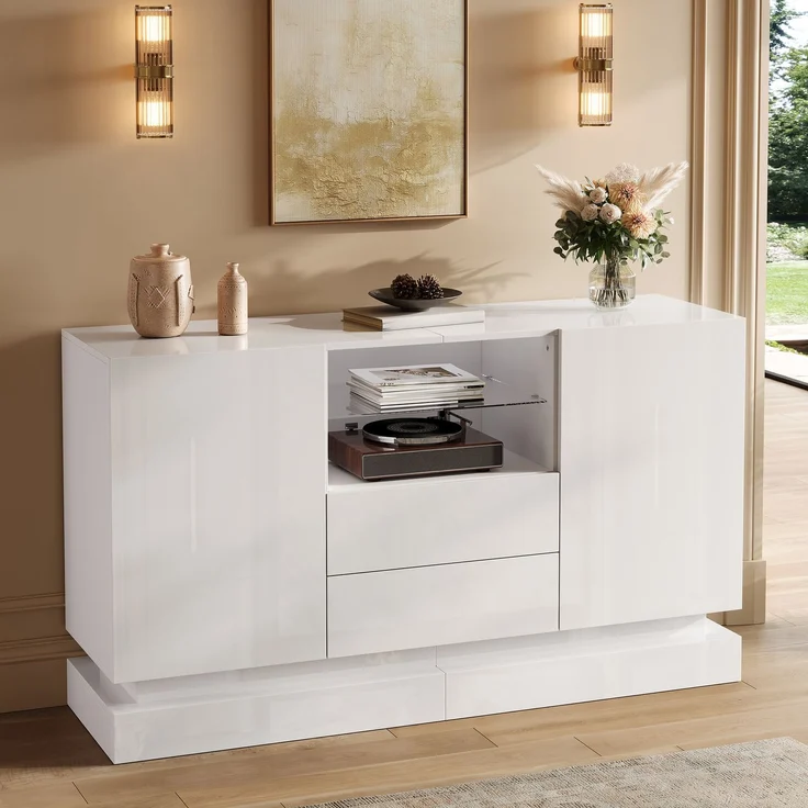 ZUBALIYA Sideboard 140x40x80 cm, mit LED-Beleuchtung, Hochglanz, mit 2 Türen, aus Spanplatte, Weiß – Bild 11