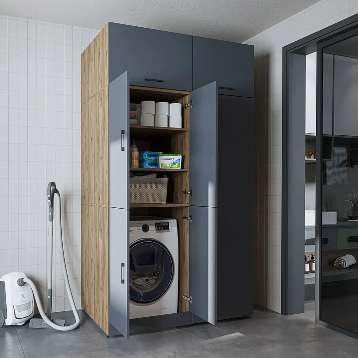Roomart Waschmaschinenschrank- DORA-II- 130 cm breit – Waschmaschinen- & Trockner-Überbau mit Türen und Ausziehplatte, Bad & Waschküche • Anthrazit-Eiche – Bild 3