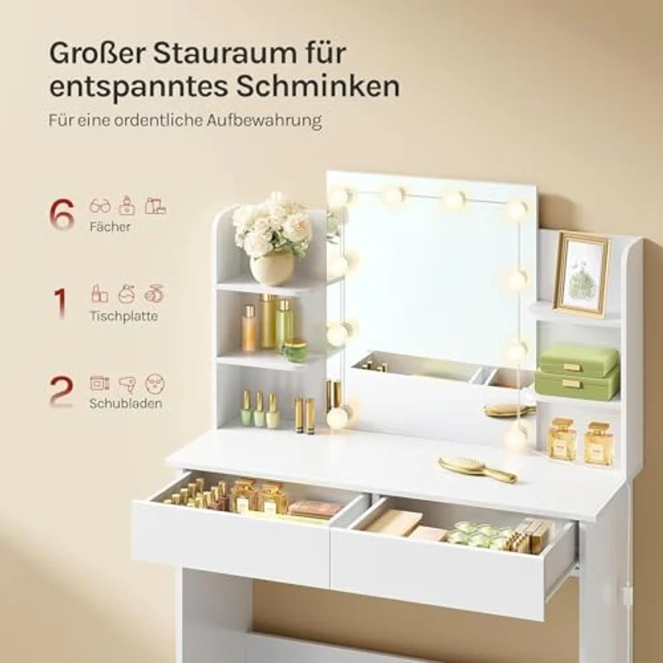 WOLTU Schminktisch Hollywood mit LED-Beleuchtung, Spiegel, 2 Schubladen und 4 offene Ablagen, Holz weiß, 90 x 135 x 40 cm – Bild 5