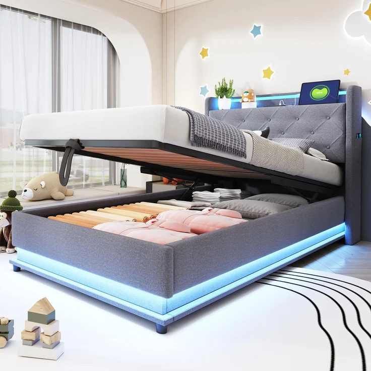 FAVSH Led Polsterbett 140x200 mit Bettkasten, Bett mit Großer Stauraum & Lattenrost, Hydraulischer Doppelbett mit Lattenrost und Bettkasten USB-Ladeanschluss, Hautfreundlicher Leinenstoff (Grau)