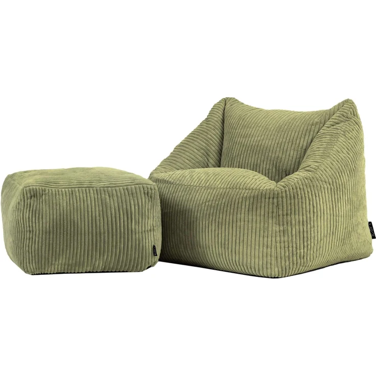 Icon Natalia Sitzsack Kinder mit Hocker, Salbeigrün, Flauschiger Cord Stoff, Sitzsack Cord mit Füllung, Bequemer Kinder Sessel, Kuschelsessel, Lese Sessel, Schlafzimmer, Kinderzimmer, Spielzimmer