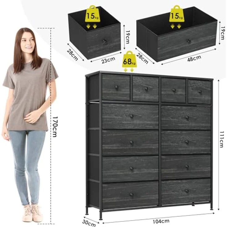 Clevich Stoff-Kommode, Schminktisch Schrank, Aufbewahrungsschrank, 12 Schubladen aus Stoff, Metallrahmen, industrieller Stil, für Wohnzimmer, Flur, Schlafzimmer (Schwarz) – Bild 4