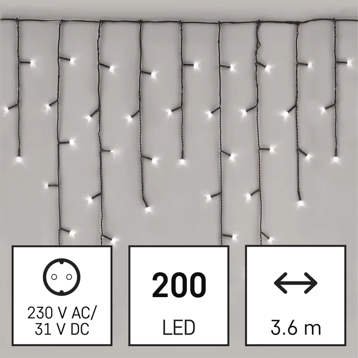 EMOS LED-Eisregen Lichterkette, 3,6m Weihnachtslichterkette + 5m Zuleitung, 200 LEDs, 8 Lichtmodi, Netzteil, IP44 für Innen und Außen, Kaltweiß – Bild 3