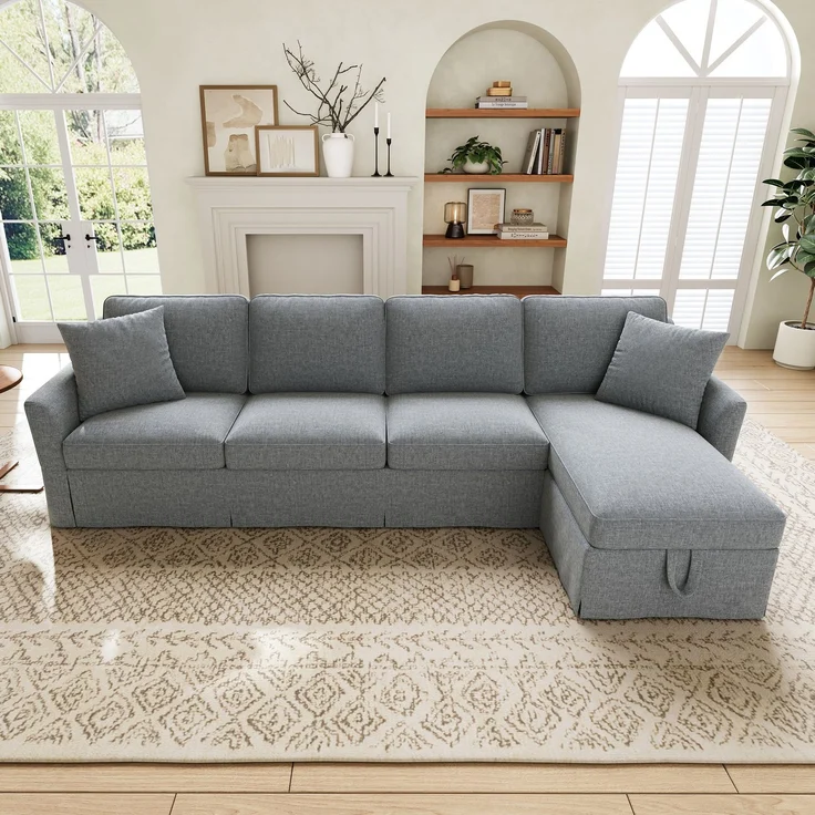 DESVIAE Sofa L-Form Grau aus Leinenoptik – 274x83x128,5 cm – Stauraum-Chaiselongue – Bild 2