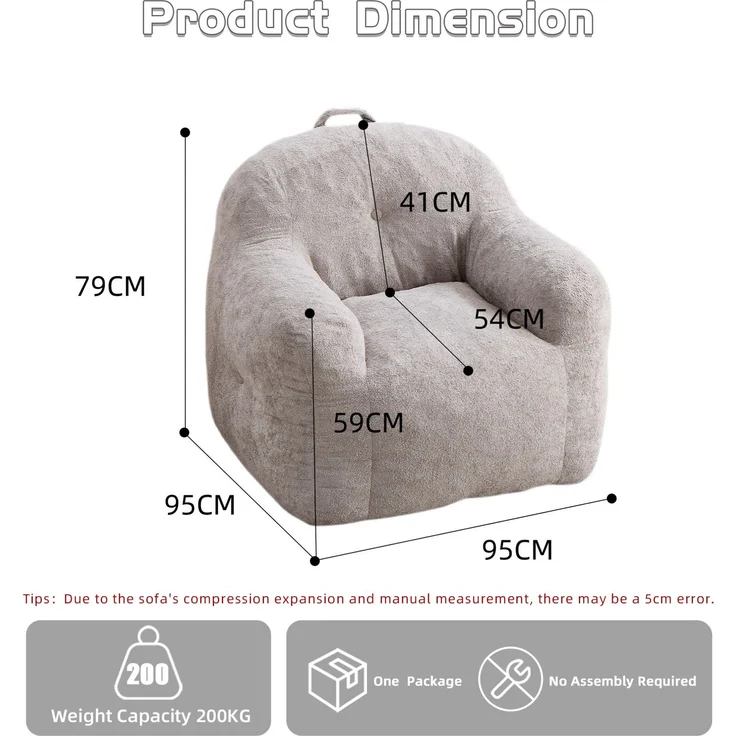 Sitzsack-Sessel aus Kunstfell mit Armlehnen, 95×95×79 cm, Lichtgrau, ohne Montage – Bild 7