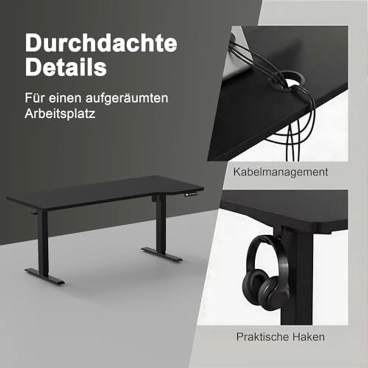 JUMMICO HöHenverstellbarer Schreibtisch 160x70 cm L-förmiger Schreibtisch Höhenverstellbar Elektrisch,Ergonomie Gaming Tisch mit Haken (Schwarz) – Bild 8