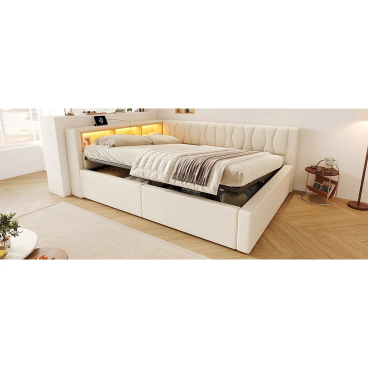 TavilaEcon Daybett Schlafsofa, Tagesbett mit dimmbarer LED-Leiste & USB-Anschluss beige Liegefläche 140 × 200 cm – Bild 10