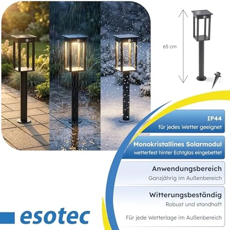 esotec LED Gartenleuchte Solar PIR Standleuchte Termoli H=65cm 3 Modi 36 LEDs 3000K IP44 102757, Bewegungssensor, 3 unterschiedliche Betriebsmodi, Bewegungssensor, automatisches Einschalten bei Dämmerung, LED fest integriert, warmweiß – Bild 6