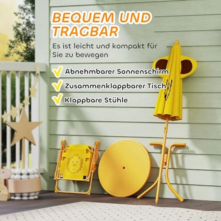 AIYAPLAY Garten-Kindersitzgruppe Kindersitzgarnitur mit höhenverstellbarem Sonnenschirm, (Gartentisch, 2 Klappstühle, 4-tlg, Löwen-Design für 2-5 Jahre Kinder), Gelb – Bild 6